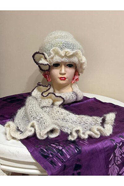 RBM EL ÖRGÜSÜ KREM RENGİ ÇİÇEKLİ ŞAL BERE TAKIM