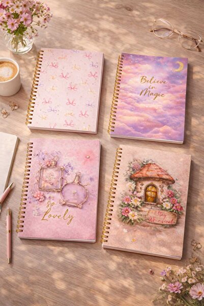 NİORE Set of 4 A5 Spiral Notebooks Cute & Romantic Concept 160 Pages
