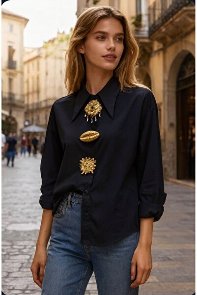 Divin store Black shirt-blouse with large gold buttons