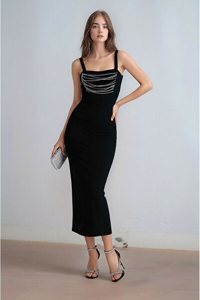 MAMAYAGA Women's Thick Straps, Low Back, Chain Detail, Midi Length, Slit, Spo...