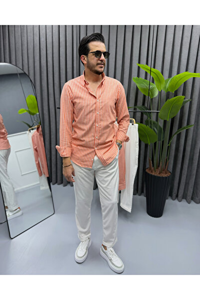 Avni Ceylan Men's Modern Fit Pomegranate Flower Striped Cotton-Linen Shirt