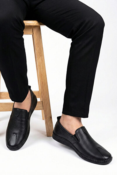 Ekonomik Ayakkabı Men's Black Perforated Slip-On Loafer Moccasin Casual Comfo...