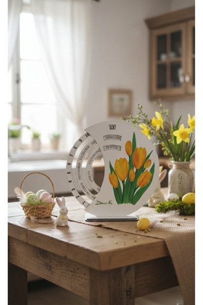 DecorKa Calendar Perpetuu din Lemn, Pictat Manual cu Flori, 25 cm