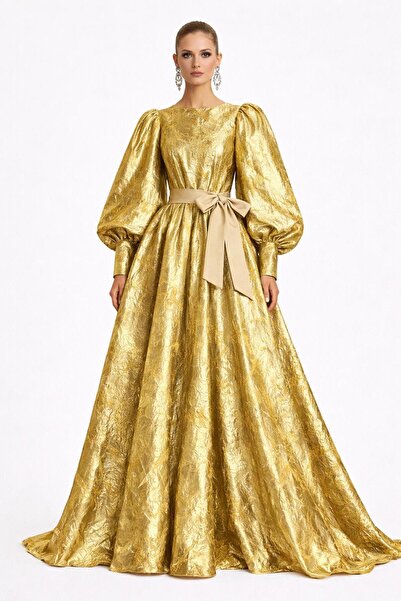 ALYEL NAKER Crew Neck & Balloon Sleeve Maxi Stylish Gold Party Dress