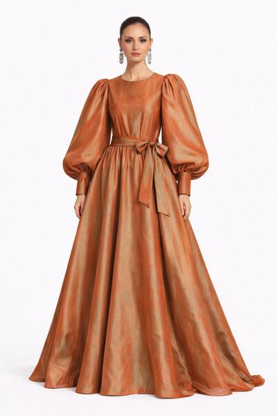 ALYEL NAKER Crew Neck & Balloon Sleeve Maxi Stylish Taffeta Event Dress