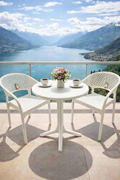 ZİYNET HOME Balkon Bahçe Teras Takımı Beyaz Çay Seti 60x60 Masa 2 adet Sandalye