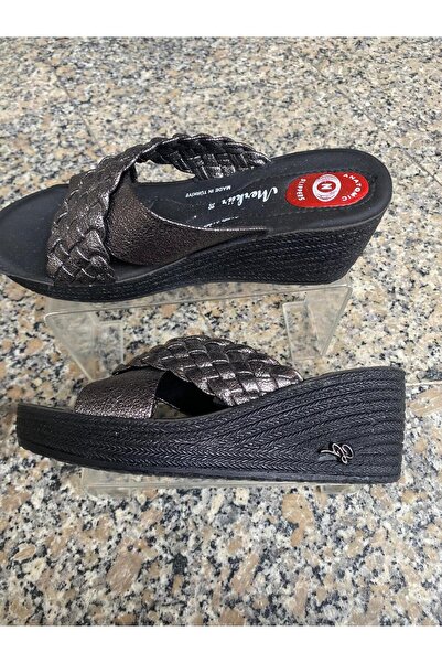 Aysun Ayakkabı Gray and Black Anatomical Sole Wedge-Heeled Women's Slippers