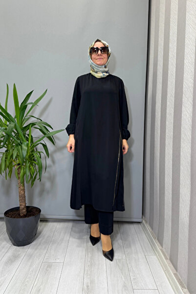 MissWhence Side Zipper Detailed Tunic Trouser Set Black 38028