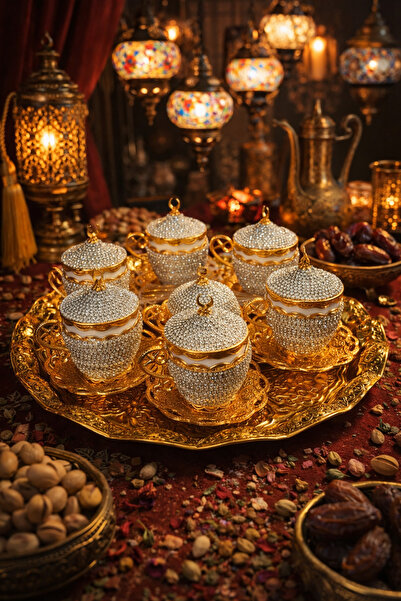 seymenbıçakçılık Lüks Taşlı 6’lı Kahve Fincanı Seti – 6 Gold Kaşık & Şekerlik...