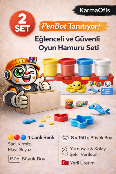 KarmaOfis Kidz 2’li Büyük Boy Oyun Hamuru Seti 8x150 gr 4 Renkli Çocuk Oyun H...