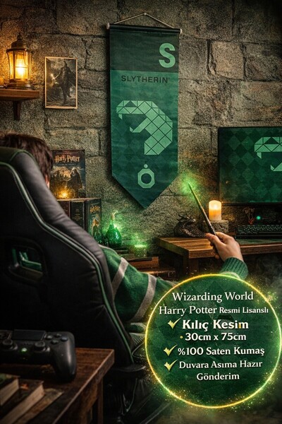 TOYFEST علم هاري بوتر سليذرين بتصميم السيف 30×75 سم، 100% ساتان، مرخص من شركة...