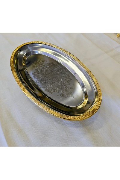 MaviDamla Stainless Steel Oval Presentation Plate with Casted Edge Frame 35 cm Silver / Gold Detail