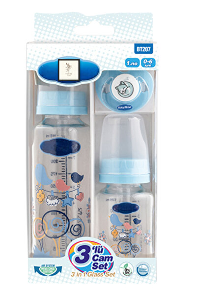 hobbe baby Bt207 3'lü Cam Biberon Seti 0-6 Ay Mavi