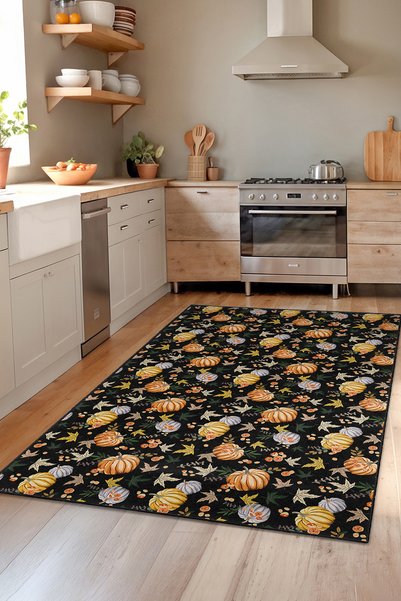 Home Siyah Arka Planda Renkli Kabak ve Yaprak Desenli Modern Dekoratif Mutfak...