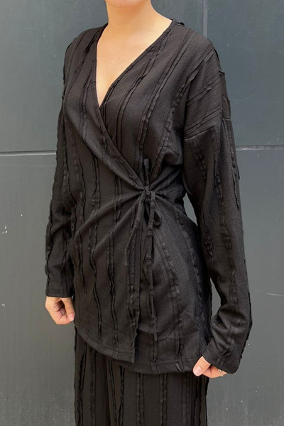 sunfyre Women's V-Neck Side Tie Detailed Knitted Kimono Pants Double Set Sun281