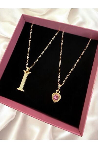 Madam Bikan Gold Renk Çelik İ Harfi Pembe Kalp Kolye 2 Li Kombin Harf Kolye