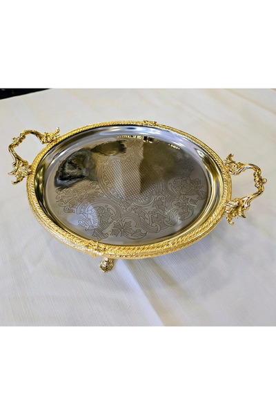MaviDamla Stainless Steel Tray with Casted Edge Frame 25 cm Silver / Gold Detail