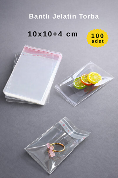 COLORPAK 10x10+4 cm Bantlı Şeffaf Jelatin Torba - 100 Adet - Dayanıklı Yırtıl...