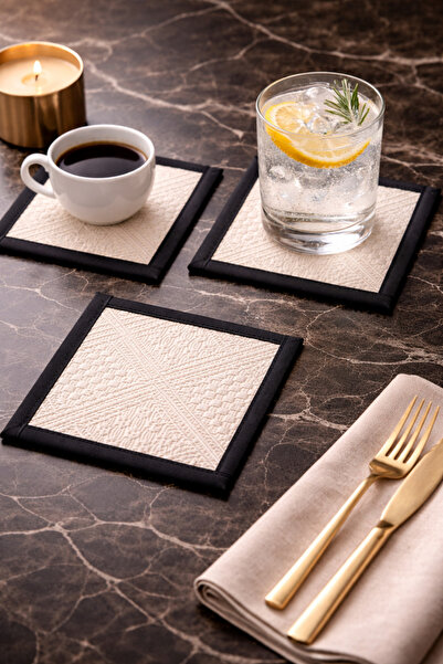 ŞAH TEXTILE DESIGN siyah biyeli pamuklu buldan desen bardak altlığı