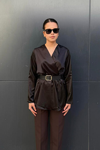 sunfyre Women's V-Neck Long Sleeve Satin Blouse with Elastic Waist Belt Detai...