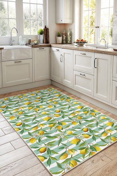 Home Canlı Limon Motifli Sarı ve Yeşil Desenli Modern Dekoratif Mutfak Halısı