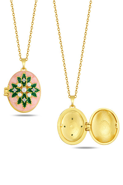 Cosmia Shine Paslanmaz Çelik Gold Vintage Pembe Mine İşlemeli Madalyon Açılab...