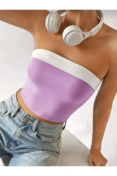 Lacis Strapless White Collared Double Color Crop Top