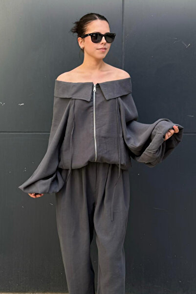 sunfyre Women's Zipper Detailed Modal Fabric Bomber Jacket-Pants Set Sun279