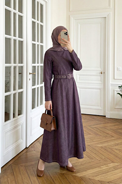 MODAQU Zippered Belted Long Denim Dress - Plum