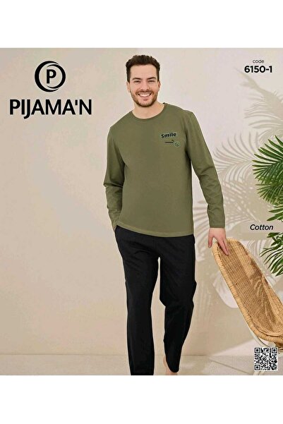 Pijaman 6150-1 Men's Combed Cotton Long Sleeve Crew Neck Men's Pajama Set