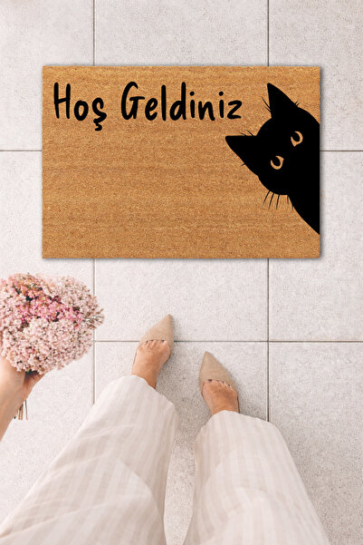 Koko Kapı Önü Hoş Geldiniz Kedi Baskılı Paspas