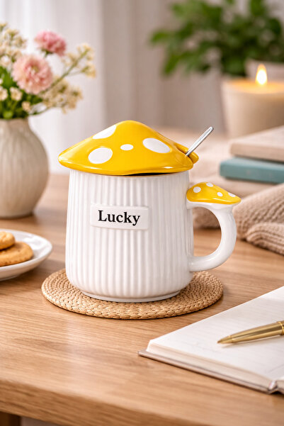 hediyeconcepti 500ml Lucky Mushroom Design Ceramic Mug with Lid – Blue Decora...