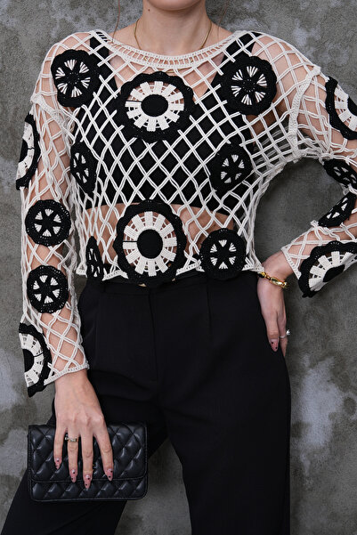 FancyWorld Round Patterned Crochet Lace Detailed Knitted Blouse