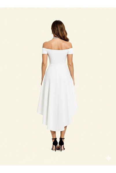 Lacis Strapless Neckline Mini Sleeves Flared Cutout Back Tailed Dress