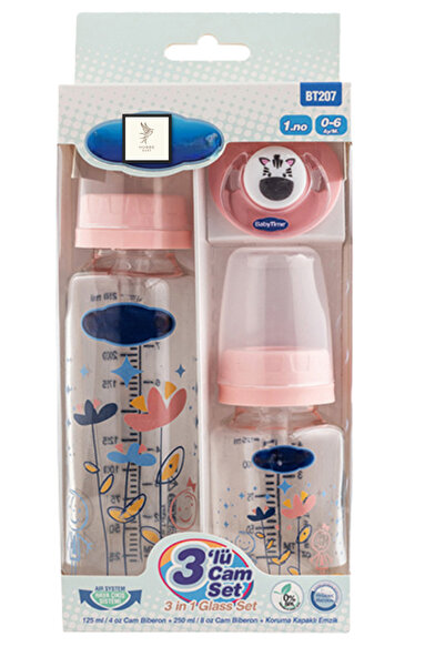hobbe baby Bt207 3'lü Cam Biberon Seti 0-6 Ay Pembe