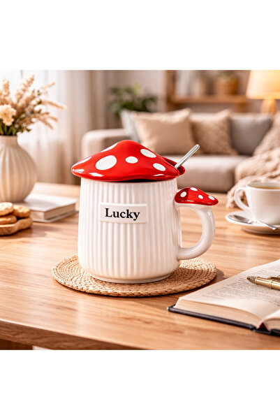 hediyeconcepti 500ml Lucky Mushroom Design Ceramic Mug with Lid – Blue Decora...
