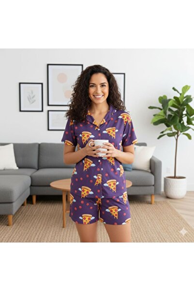 PEMBİŞ HOMEWEAR Set cămașă și pantaloni scurți Flying Pizza Kısarkol