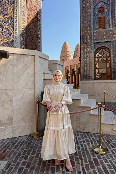 EBRA COLLECTİON Jan Jan Saten Katlı Elbise Bej