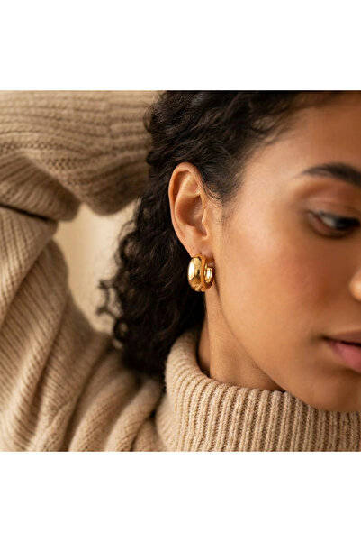 LYKOS Kadın Gold Çelik Kalın Halka Küpe - Kararmaz Bombeli Vintage Model