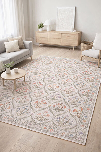 Nihai Ev Dijital Kaymaz Yıkanabilir Çiçekli Vintage Eskitme Salon Halısı Mutf...