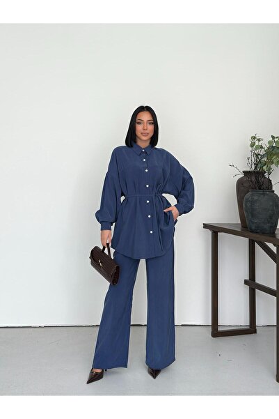 LAVRE Soft Textured Buttoned Shirt and Trousers Set with Tie Detail