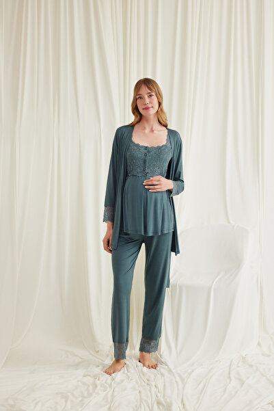 MONAMİSE Women'S, Viscose, Green, V-Neck, Lace, Maternity 3-Piece Pajama Set