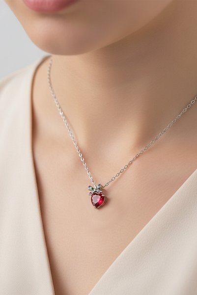 VAOOV Red Heart Steel Necklace with Ribbon