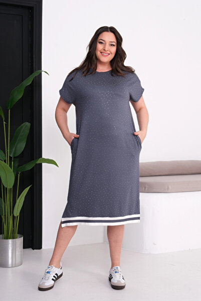 aytemas Stone Embellished Dress with Stripes on the Shoulder and Skirt