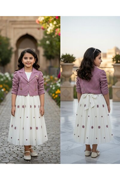 Rawai Roma Elegant beige girl's dress with a gathered sleeve jacket