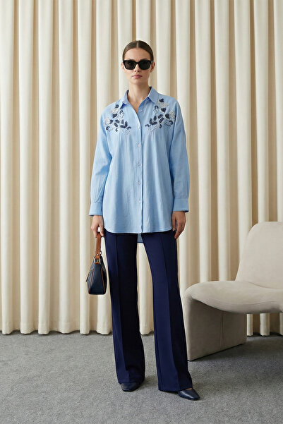 MODAQU Beaded Embroidered Patterned Strawberry Shirt Tunic - Light Blue