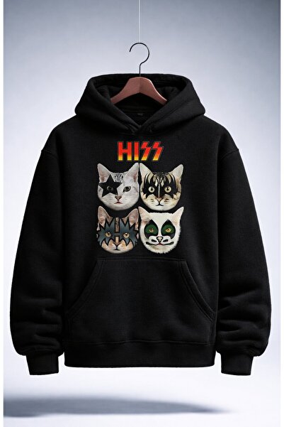Fuddy Moda سويت شيرت بقلنسوة مطبوع عليه Kiss Hiss Cat للجنسين، هودي كبير الحج...