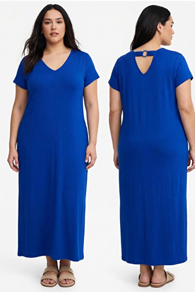 Ebsumu Blue V-Neck Slit Detailed Relaxed Fit Plus Size Dress