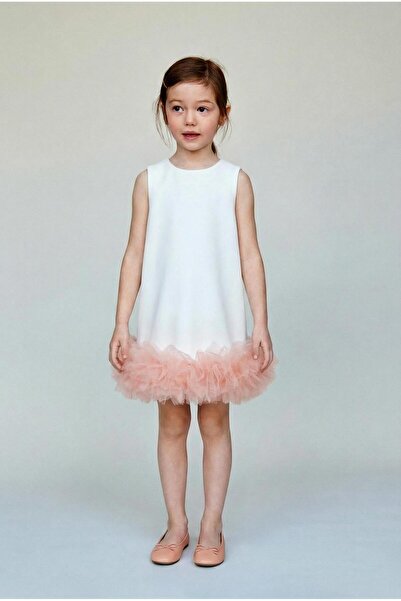 Magu Girl's Cotton Ecru Pink Tulle Ruffled Sleeveless Dress - Layered Skirt D...