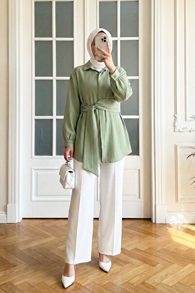 MODAQU Waist-Tied Crinkle Shirt Tunic - Water Green